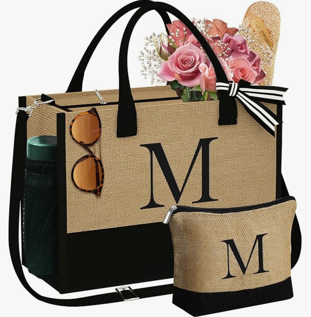 Embroidered Monogram Tote & Makeup Bag Set ➥